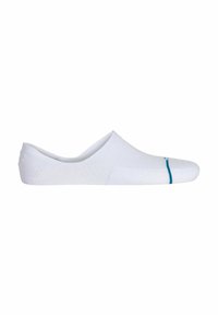 Calzini bianchi invisibili con un design a taglio basso, caratterizzati da una linea di accento turchese vicino alla punta e una texture liscia e traspirante.