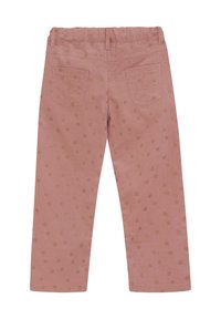 Roze corduroy broek met een rechte pijp, versierd met gouden stippen en een elastische tailleband. Bevat twee achterzakken met stiksels.
