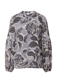 Helles blaues Blusenshirt mit floralem Design in Marineblau und Weiß. Lange Ärmel mit gerafften Manschetten und einem Schlüsselaugen-Detail auf der Rückseite. Glatte Textur.