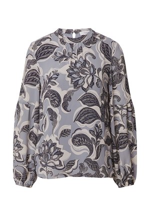 Helles blaues Blusenshirt mit floralem Design in Marineblau und Weiß. Lange Ärmel mit gerafften Manschetten und einem Schlüsselaugen-Detail auf der Rückseite. Glatte Textur.