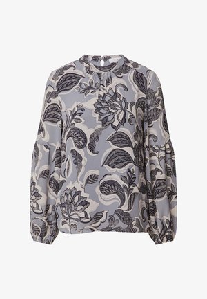 Helles blaues Blusenshirt mit floralem Design in Marineblau und Weiß. Lange Ärmel mit gerafften Manschetten und einem Schlüsselaugen-Detail auf der Rückseite. Glatte Textur.