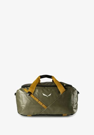 Borsa da viaggio verde oliva con dettagli gialli, materiale resistente, ampio scomparto principale, manici superiori e decorazione a tracolla diagonale.