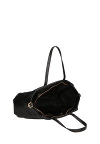 Borsa a tracolla nera in pelle sintetica con una texture simile al coccodrillo. Apertura superiore, interno in tessuto scuro e due manici per una facile portabilità.