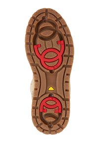 Gumová podešev s hlubokými drážkami pro lepší trakci, vybavená unikátním červeným zámkem a žlutým varovným emblémem uprostřed.