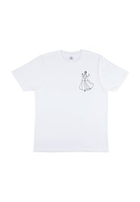 Witte katoenen T-shirt met een zwarte lijntekening van een prinses in een baljurk op de linkerkant van de borst. Korte mouwen, ronde hals.