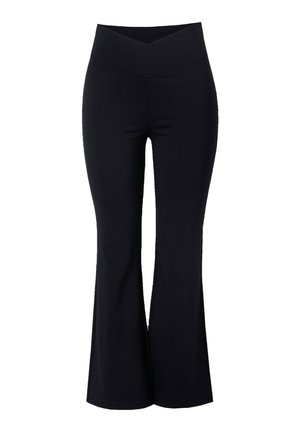 Pantaloni neri a campana realizzati in un tessuto morbido e elastico. Presentano una vita a forma di V e una vestibilità sagomata dai fianchi al ginocchio.