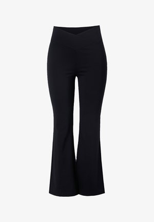 Pantalones de campana negros hechos de una tela suave y elástica. Presentan una cinturilla en forma de V y un corte ajustado desde las caderas hasta la rodilla.