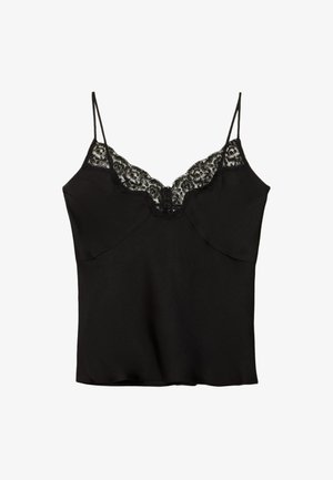 Black camisole with thin straps, featuring a lace trim along the neckline, soft fabric, and a loose-fitting design for comfort.