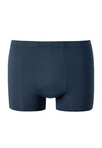Boxer aderenti in cotone blu navy, con tasca e cintura elastica, superficie liscia e senza motivi o dettagli visibili.