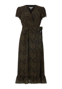 Schwarzes Kleid mit abstraktem goldfarbenem Muster, kurzen Ärmeln, V-Ausschnitt, Taillenschärpe und gerüschtem Saum. Hergestellt aus leichtem Stoff.