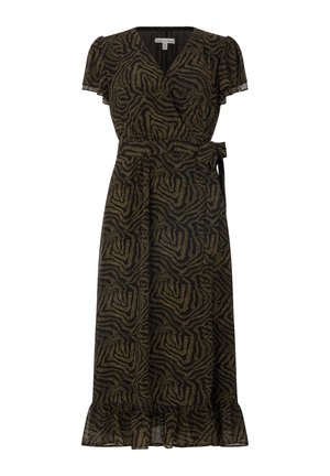 Schwarzes Kleid mit abstraktem goldfarbenem Muster, kurzen Ärmeln, V-Ausschnitt, Taillenschärpe und gerüschtem Saum. Hergestellt aus leichtem Stoff.