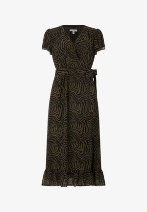 Schwarzes Kleid mit abstraktem goldfarbenem Muster, kurzen Ärmeln, V-Ausschnitt, Taillenschärpe und gerüschtem Saum. Hergestellt aus leichtem Stoff.