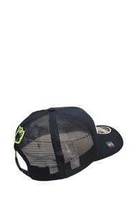 Casquette noire à l'arrière en mesh avec un panneau avant solide bleu marine, arborant un logo en vert fluo et une visière courbée. Comprend une sangle ajustable.