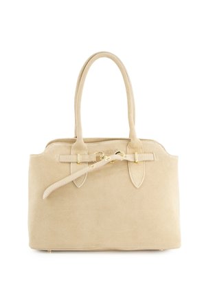 Sac à main en daim beige avec deux poignées, détail boucle dorée et bord supérieur incurvé, présenté de face sur fond blanc.
