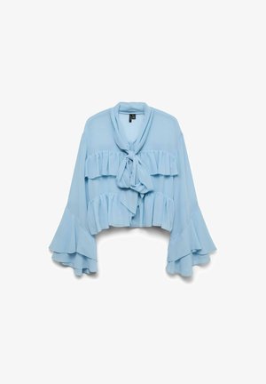 Sofios audinės šviesiai mėlynas trumpas palaidinukas, su raukšlėmis, užsegamas priekyje raiščiu ir su išsiplėtusiais rankovėmis.