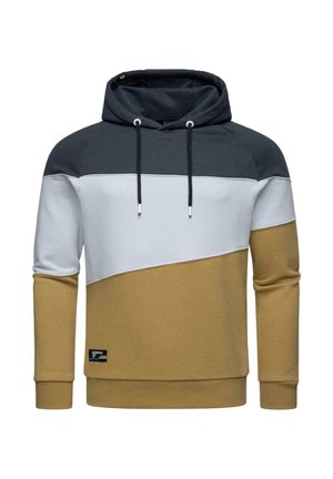 Hoodie in marineblauw, wit en mosterdgeel. Heeft een kleurblokontwerp, koordjes en ribgebreide manchetten. Zachte stoftextuur.
