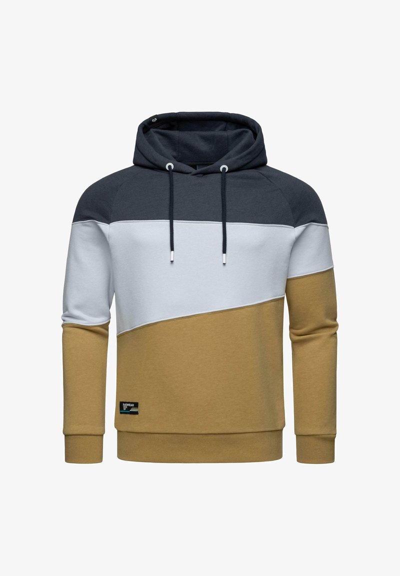 Kaptur z czarnym kapturem w kolorze granatowym, białym i musztardowym. Charakteryzuje się wzorem w blokach kolorowych, sznurkami do ściągania oraz ściągaczami na rękawach. Miękka tekstura tkaniny.