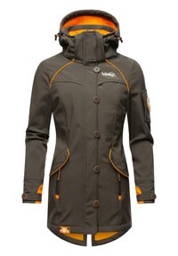 Dark olive green jacket with orange accents, button closures, a high collar, and zippered pockets. Features a hood and textured fabric.