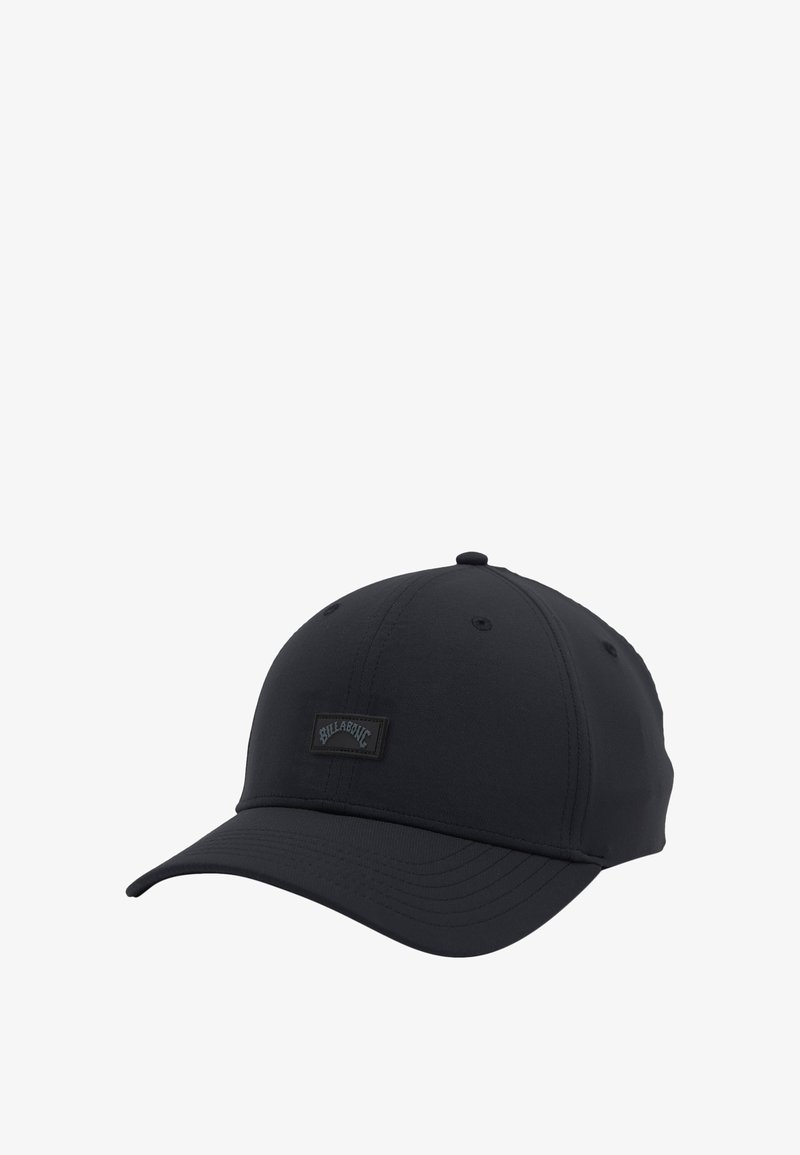 Black cap with curved brim, made from a smooth fabric. Features a textured logo patch on the front and ventilation holes on the sides.