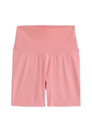 Pantalones cortos ciclistas sin costuras de color rosa con cintura alta acanalada, acabado liso y longitud hasta la mitad del muslo.
