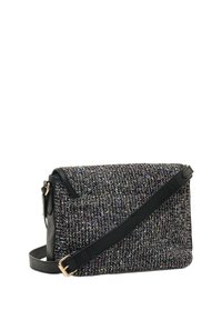 Schwarze und multicolore Tweed-Schultertasche mit einem schwarzen Ledertrageriemen, rechteckiger Form, strukturiertem Oberflächen, und goldenen Hardware-Akzenten.