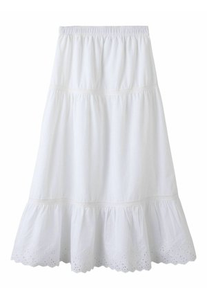 Jupe midi blanche avec taille élastique, design à volants et ourlet festonné avec détails de broderie anglaise.