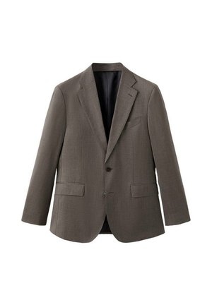 Hnedé sako s výrezom na golieri, jedným gombíkom, dvoma prednými vreckami a čiernou podšívkou. Vyrobené z textúrovanej látky.