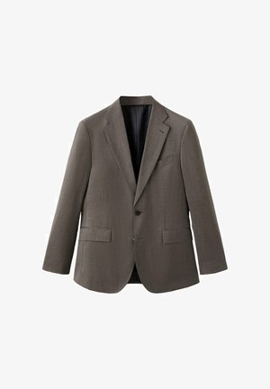 Hnedé sako s výrezom na golieri, jedným gombíkom, dvoma prednými vreckami a čiernou podšívkou. Vyrobené z textúrovanej látky.