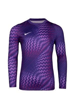 Maglia sportiva viola a manica lunga con motivo a zigzag in tonalità di viola e rosso e un logo Nike bianco sul petto.