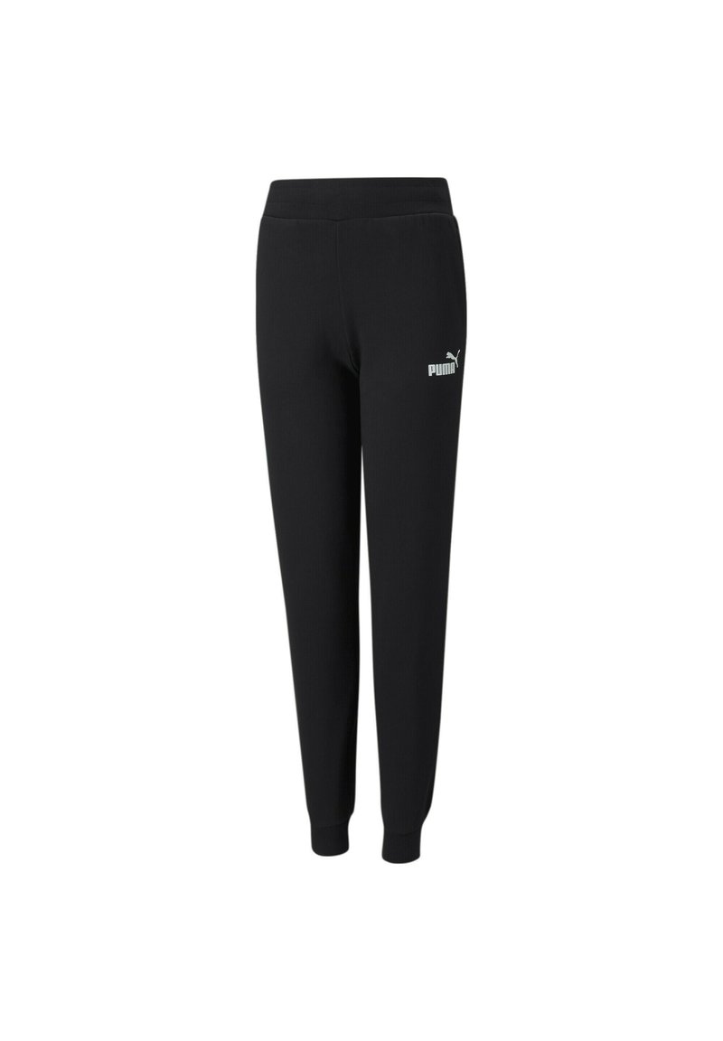 Pantaloni sportivi neri realizzati in tessuto misto cotone, con un design aderente, vita elastica e un logo bianco sulla coscia sinistra.