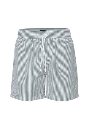 Grün-weiße, gestreifte Badeshorts mit einem Kordelzugbund, Seitentaschen und einem lockeren Sitz. Material aus Baumwollmischung.