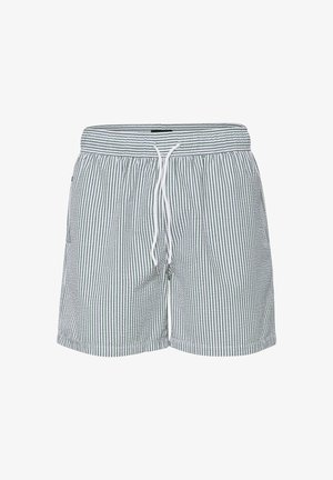 Groene en witte gestreepte zwembroek met een elastische tailleband met trekkoord, zijzakken en een relaxte pasvorm. Gemaakt van een katoenmix.