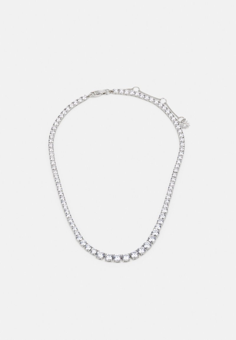 Silver-tone necklace featuring a series of round, clear stones, set closely together with a lobster clasp closure.