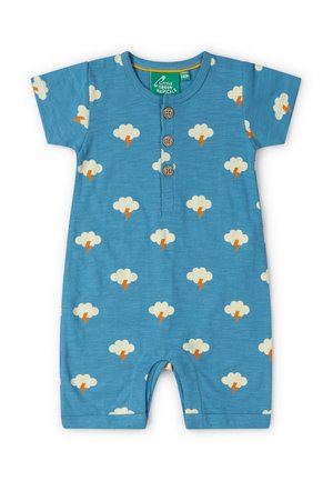 Blue short-sleeve baby romper with front buttons and white cloud patterns with orange lightning bolts.