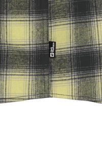 Tissu à carreaux jaune et gris avec une texture douce ; présente une étiquette de marque noire sur le bord. Le motif comprend de grands carrés et de fines lignes.