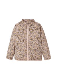 Floral-patterned jacket in light pink, featuring a high collar, full front zipper, and long sleeves with elasticated cuffs.