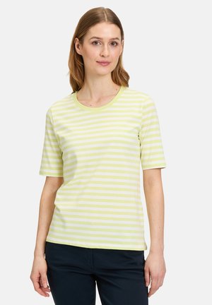 Gestreiftes Kurzarm-T-Shirt in Hellgelb und Weiß mit rundem Ausschnitt und weichem Baumwollstoff, bietet eine lockere Passform.