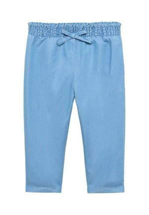 Pantalons en denim léger de couleur bleu clair, avec une taille smockée élastique et un cordon de serrage. Comprend une longueur cropped et des poignets roulés.