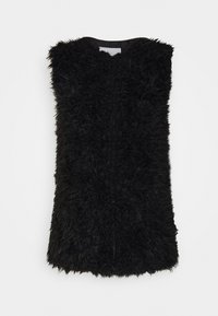 Black sleeveless vest made of textured, fuzzy material. Features a rounded neckline and a relaxed fit with clean edges.