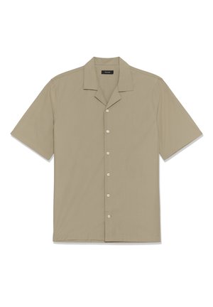 Camisa beige de manga corta con botones, cuello campestre, seis botones blancos en la parte delantera y un ajuste holgado.