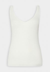 Weißes gestricktes Tanktop mit einem runden Ausschnitt und Spaghettiträgern, mit einer glatten Textur und körperbetonter Passform.