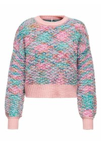 Pull court multicolore avec un tricot texturé aux nuances de rose, bleu et violet. Poignets et ourlet côtelés pour plus de définition.