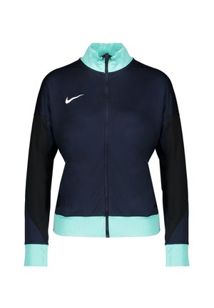 Sportjacke mit Reißverschluss in Navyblau und Schwarz mit helltürkisfarbenem Kragen, Bündchen und Saum, mit weißem Nike-Logo auf der Brust.