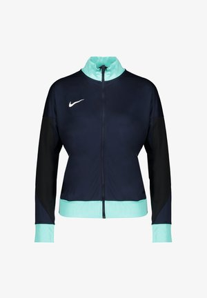 Sportjacke mit Reißverschluss in Navyblau und Schwarz mit helltürkisfarbenem Kragen, Bündchen und Saum, mit weißem Nike-Logo auf der Brust.
