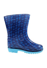 Bottes de pluie en caoutchouc bleu avec un motif de empreintes de pattes, semi-transparentes, semelle bleu clair, texturée avec une finition striée pour une meilleure adhérence.
