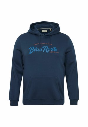 Navy blue hoodie made of fabric with a smooth texture. Features a kangaroo pocket and a logo in blue and orange on the front.