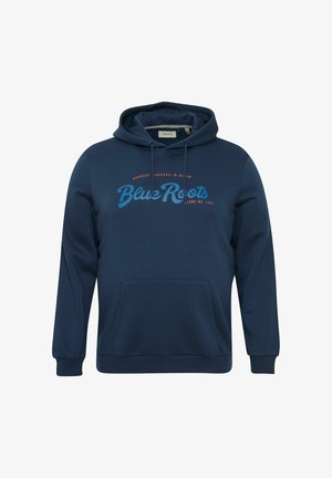 Navy blue hoodie made of fabric with a smooth texture. Features a kangaroo pocket and a logo in blue and orange on the front.