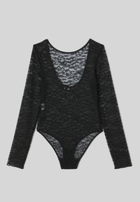 Bodysuit en dentelle noire avec manches longues, encolure dégagée et design ajusté. Présente un motif floral et une texture lisse, avec une fermeture à pression en bas.
