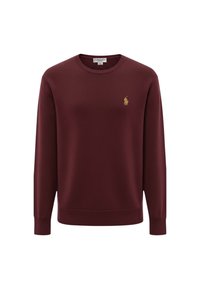 Felpa bordeaux con scollo rotondo, polsini e orlo a costine, con un piccolo logo dorato a forma di cavallo sul petto a sinistra.