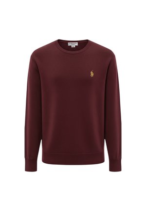 Felpa bordeaux con scollo rotondo, polsini e orlo a costine, con un piccolo logo dorato a forma di cavallo sul petto a sinistra.